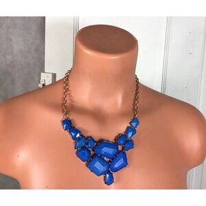 Statement Necklace Gold Tone Chain Link Blue Stones